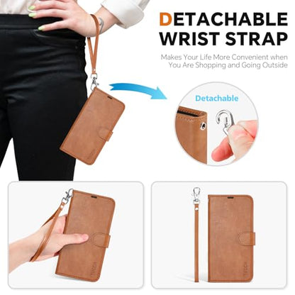 TUCCH 2-in-1 Detachable Wallet Case for iPhone 17e/16e (6.1"), Light Brown | 4 Card Holders, RFID Blocking, Wireless Charging, Kickstand, Wrist Strap, Shockproof TPU, PU Leather, Magnetic, Folio Cover - color: Brown - Textured