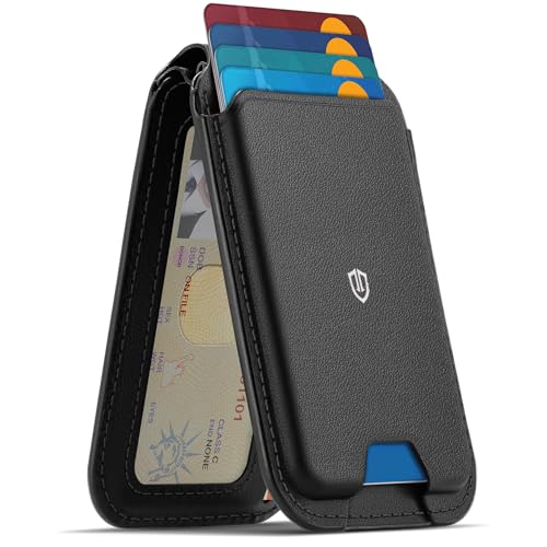 SHIELDON Genuine Leather Magnetic Wallet Stand for MagSafe, Nappa Black | Strong Magnetic, 6 Card Holder, Kickstand, Angle Adjustment, Rfid Blocking, Quick-access, for iPhone 17/16/15/14/13/12 Series - color: Black