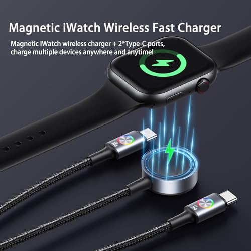 72W Super Fast Charging 3-in-1 Multi Charging Cable, Dual USB-C Ports for iWatch Ultra/SE/10-1/iPhone 17/16/15 Pro, Multi Charger for Apple Watch, Galaxy Phone Travel Essentials - size: 4 feet