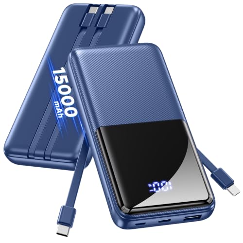 CFIAI Portable Charger 15000mAh Slim Power Bank with Built in Cables - color: Indigo