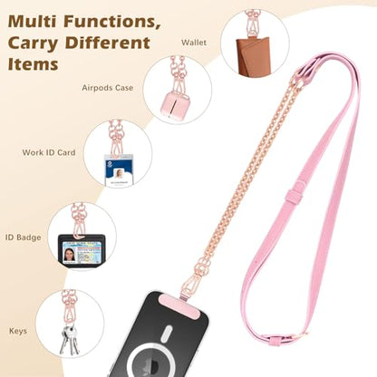 MoKo Universal Phone Crossbody Lanyard Phone Chain, Anti-Theft Adjustable Cellphone Cross Body Neck Strap & iPhone Wrist Strap with 2×Metal Tether Tabs for iPhone 17, Most Smartphones, Pink&Rose Gold - color: Pink&rose Gold