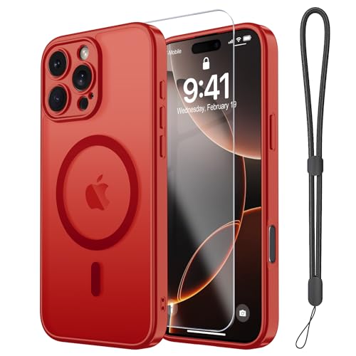 Magnetic Case for iPhone 16 Pro Case with Screen Protector+Wrist Strap | Compatible with MagSafe,Full Camera Protection,Slim Translucent Matte Phone Cover,Red - color: Red
