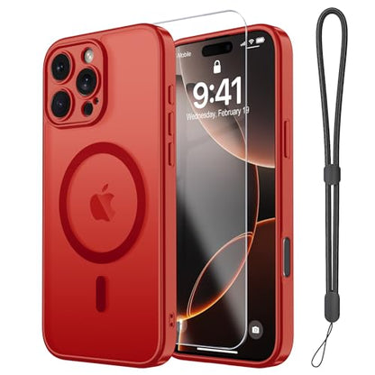 Magnetic Case for iPhone 16 Pro Case with Screen Protector+Wrist Strap | Compatible with MagSafe,Full Camera Protection,Slim Translucent Matte Phone Cover,Red - color: Red