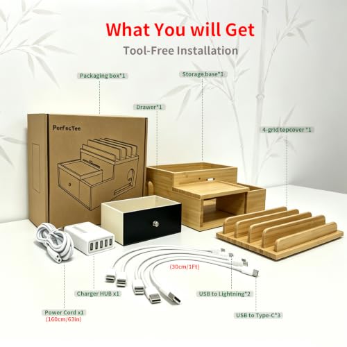 Bamboo Charging Station with 5-Port USB Charger & 5 Cables