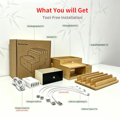 Bamboo Charging Station with 5-Port USB Charger & 5 Cables
