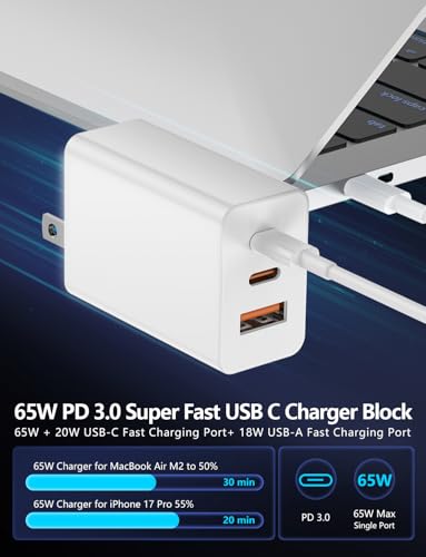 Essri 2-Pack 65W USB C Charger Block, 3-Port PD 3.0 Fast Charging Wall Plug - color: White