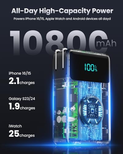4-in-1 Portable Charger With Built-in Wall Plug&USB-C Cables,10800mAh Power Bank with iWatch Charger,QC4.0+PD 25W Fast Charging Battery Pack,Travel Essentials for iPhone 17/16,Apple Watch,Android etc - color: Black Silver