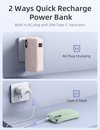 RORRY Portable Charger 3 in 1 with Wall Plug 10000mAh Power Bank for iPhone - color: Pink