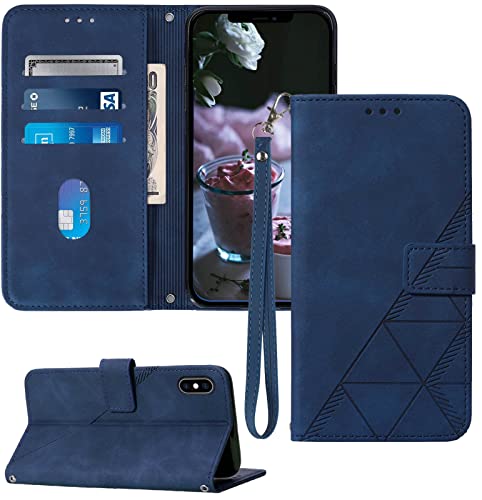 for iPhone X/Xs Flip Wallet Case with Card Slots, Blue | PU Leather, TPU Interior, 3 Card Slots, Cash Pocket, Magnetic Clasp, Detachable Wrist Strap, Stand, Precise Cutouts - color: Blue