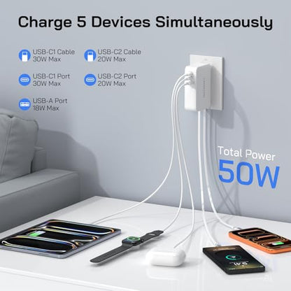 50W Retractable Wall Charger with Dual Cables, Retractable Phone Charger - size: Type-C+Type-C Cables