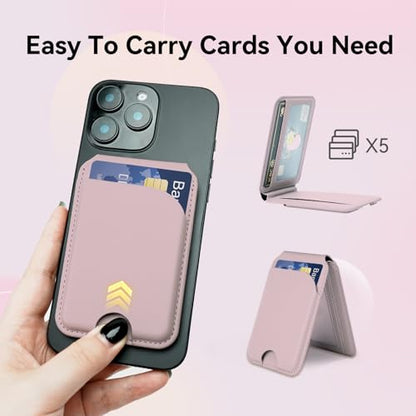 for MagSafe Wallet，Leather Magnetic Wallet for Phone with Adjustable Stand，5 Magnetic Credit Card Holder RFID Blocking for iPhone 17 16 15 14 13 12 Air Pro Max Series Cases(Pink) - color: Pink