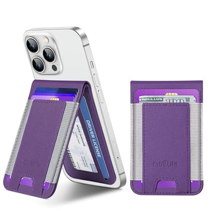 Phone Wallet Stick On with Stand, Adhesive Phone Card Holder, 8-Card Holder - color: Purple