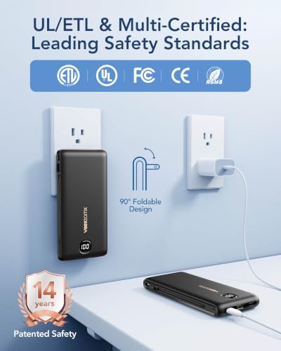 VEEKTOMX Portable Charger with Built-in Cables and AC Wall Plug, 10000mAh