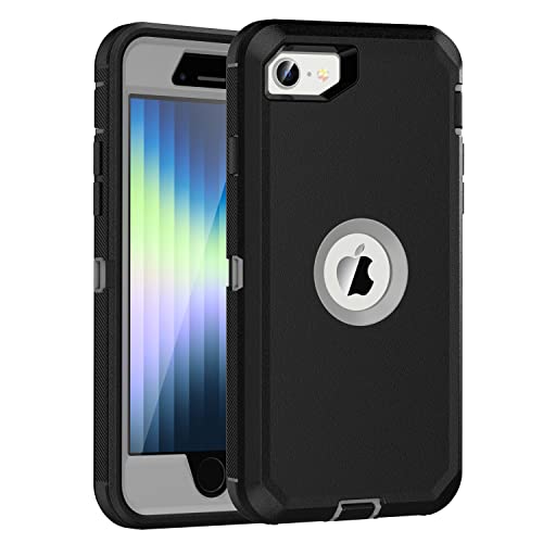 MXX Heavy Duty Protective Case for iPhone SE 2020/22 with Screen Protector, 3 Layers, Rugged Rubber, Rotating 360 Degree Belt Clip, Black/Gray - color: Black/Gray