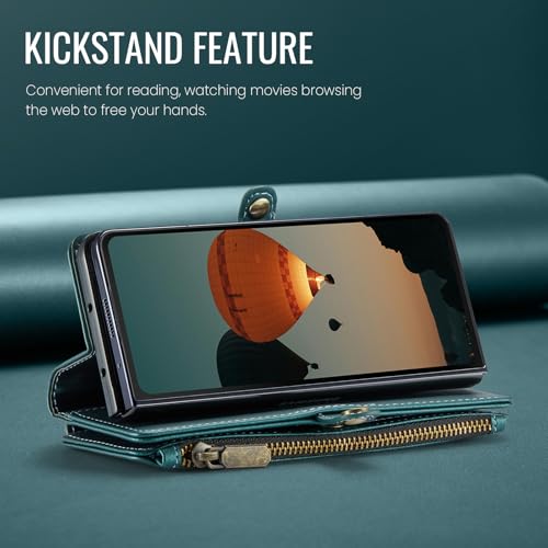 Defencase for Samsung Galaxy Z Fold 4 Wallet Case with Card Holder, Green | Durable Soft PU Leather, RFID Blcking Zipper Pocket, with S-Pen Holder & Strap, Flip Phone Cases with Stand for Women Men - color: Blue Green
