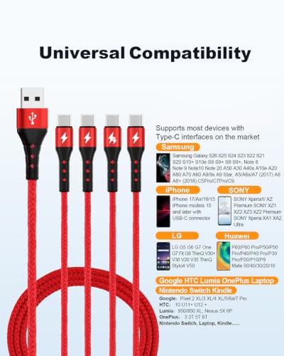 SIQIWO Multi USB C Cable Fast Charging 4FT/2 Pack, 4 in 1 Charger Cord - color: Red
