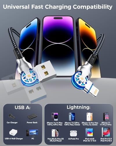Dual 90 Degree Lightning Cable with 180° Rotating Head, 6ft Right Angle Nylon Braided iPhone Charger Cord for iPhone14/13/12/11/X/8/7/6/5/SE/Pod/Pad, MFi 180° Rotating Lightning Cable Fast Charge