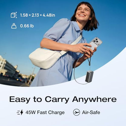 EF ECOFLOW Rapid 45W Power Bank 10000mAh Portable Charger with Built-in USB C 2.3ft Cable and USB C&A Port Travel Essential Battery Bank with Digital Display for iPhone 17/16 Series, Galaxy, ipad - color: Black