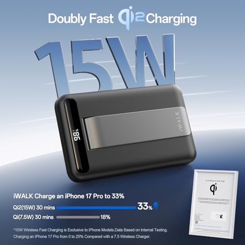 iWALK Qi2 Certified 15W Magnetic Wireless Power Bank, 10000mAh Fast Charging Portable Charger with Adjustable Stand and LED Display, Compatible with iPhone 18/17/16/15/14/13/12 - color: black
