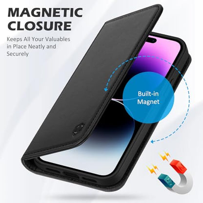SHIELDON Genuine Leather Wallet Case for iPhone 14 Pro 6.1" 2022, Black | Magnetic Closure, RFID Blocking, Credit Card Holder, Kickstand, Folio Book Design, Shockproof Phone Cover - color: Black