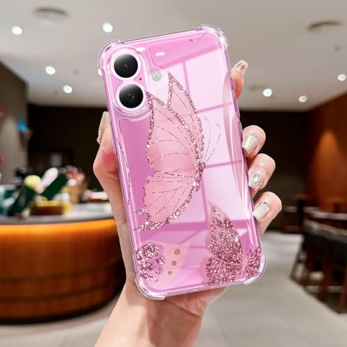 Clear Case Compatible with iPhone 16, Cute Butterfly Print Protective Cover for Girls Women, Slim Soft TPU Four Corners Shockproof Case for iPhone 16 - Dark Pink Butterfly - color: Dark Pink Butterfly, size: iPhone 16