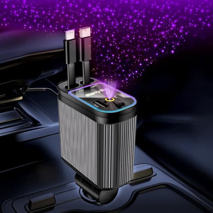 Retractable Car Charger, 4-in-1 Fast Charger with USB-C & USB-A - color: Purple Starry Sky Light