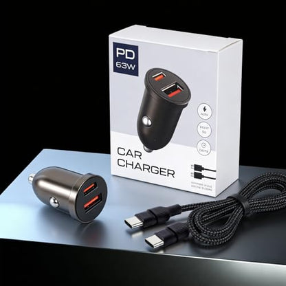 63W USB C Car Charger, Dual Port, 45W PD Fast Charging + 18W USB A, Zinc Alloy, with USB-C to C Cable, Compatible with iPhone 17/16/15/14, Galaxy S26/S25