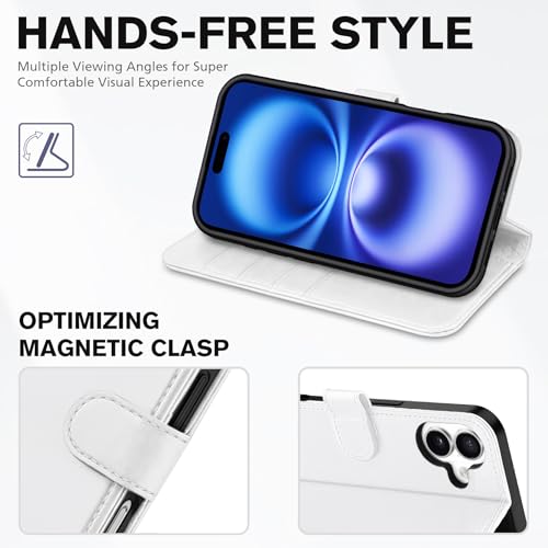 TUCCH Wallet Case for iPhone 16 (6.1") 2024, 4 Card Slots, White | RFID Blocking, Viewing Stand, Shockproof TPU Shell, PU Leather, Magnetic Closure, Protective Folio Flip Cover - color: White