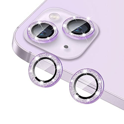 Compatible with iPhone 14 & 14 Plus Camera Lens Protector, Bling Glitter Diamond Lens Cover 9H Tempered Glass Camera Cover Anti Scratch Shockproof Screen Protector Individual Lens Ring - 2PCS - color: Purple Glitter