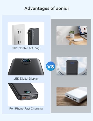 Portable Charger Power Bank 10000mAh with Built in Cables & Wall Plug - color: Pitch Black