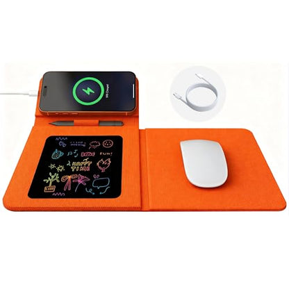 Foldable Travel Mouse Pad with 15W Qi Wireless Charger & Writing Tablet - color: Orange