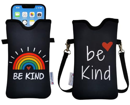 Tainada Neoprene Phone Pouch w/Crossbody, Neck Lanyard (Be Kind Rainbow) | For Men/Women. Compatible with iPhone 17/16 Pro Max, Air, 16e, 16/15 Plus; Samsung S26/S25, A57/56; Moto Razr Ultra, G Stylus - color: Be Kind Rainbow