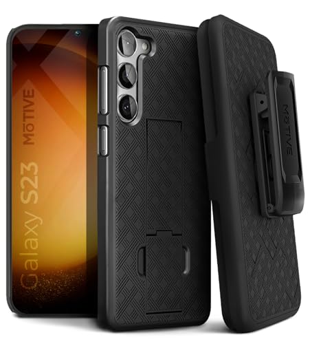 MOTIVE for Samsung Galaxy s23 Case with Belt Clip, Rigid, Kickstand | 6.1" | Ranger v1 Series, Black, 360° holster, open-top/open-bottom port access, textured grip, slim design - size: S23