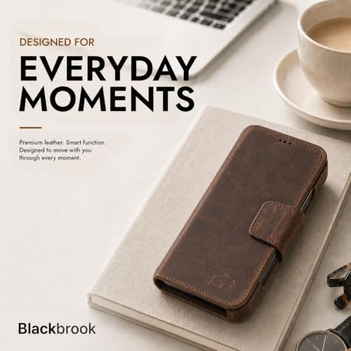 BlackBrook Detachable Leather Wallet Case Compatible with iPhone 17 Pro | Full-grain detachable folio with RFID blocking, 3 card slots, ID window, built-in kickstand, wireless charging, handcrafted. - color: Distressed Coffee, size: iPhone 17 Pro