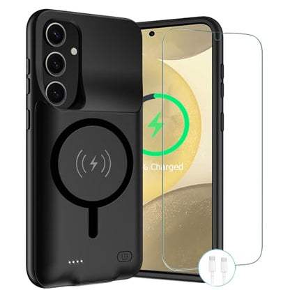 Wireless Charging Case for Galaxy S24 Plus, Upgraded 12000mAh Rechargeable Portable Charging Case Compatible with Galaxy S24 Plus 5G (6.7 inch) with Carplay Extended Battery Pack Charger Case (Black) - size: Galaxy S24 Plus