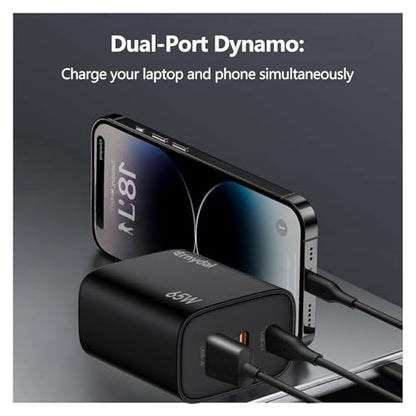 65W GaN USB-C Fast Charger Block with Dual USB-C & USB-A Ports, Compact Power Adapter for MacBook, iPad, iPhone, Galaxy, and More Black - color: Black 65W