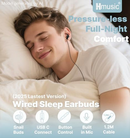 Hmusic USB C Wired Sleep Earbuds, 2g Lightweight Earphones for Side Sleeper - color: Black, size: USB-C
