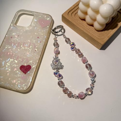 Rhinestone Bead Phone Charm for Women, Butterfly Bow Beaded Wrist Strap Lanyard with Tether Tab – Anti-Theft Hands-Free Detachable Phone Chain Wristlet - color: Pumpkin Carriage Pink
