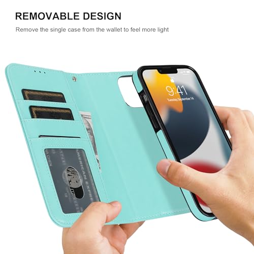 Bocasal Detachable Wallet Case Card Holder for iPhone 13 Pro Max Light Blue | RFID Blocking Kickstand Card Slots Holder PU Leather Magnetic Shockproof Wrist Strap Removable Flip Protective Cover 6.7 inch - color: Light Blue