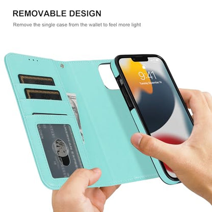 Bocasal Detachable Wallet Case Card Holder for iPhone 13 Pro Max Light Blue | RFID Blocking Kickstand Card Slots Holder PU Leather Magnetic Shockproof Wrist Strap Removable Flip Protective Cover 6.7 inch - color: Light Blue