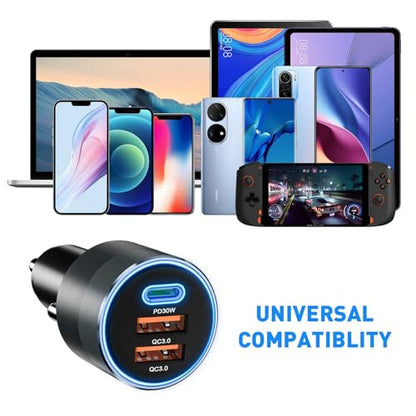 USB C Car Charger for iPhone 16, 66W Car Cigarette Lighter Adapter USB Fast Car Charger PD 30W+Dual QC3.0 [Metal Shell] [Ambient Light] for iPhone 16 15 14 13 Pro Max Samsung Galaxy Note Google Pixel