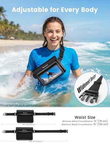 Niveaya IPX8 Floating Waterproof Fanny Pack Holds Phone, Passport & Cash | Large Capacity Touch Screen Adjustable Waist Strap for Kayaking, Paddle Boarding, Waterpark & Swimming Essentials - color: Black&White