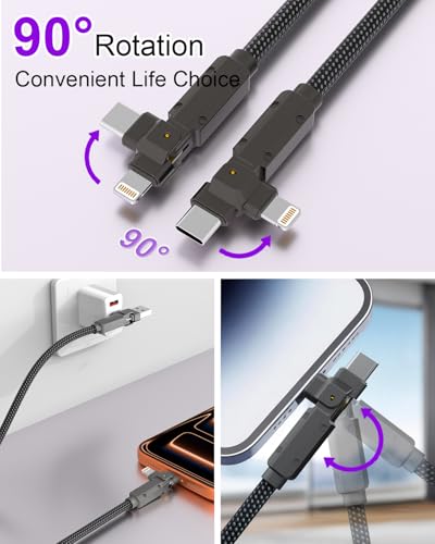 90 Degree USB C Cable for iPhone 17 16 Pro Max, 4in1 USB-C/A to C/Lightning Cable 6FT, 60W Fast Multi Charging Cord with 90° Rotating Swivel USBC/Lightning Adapter for Apple 15 14 13,Carplay,Auto