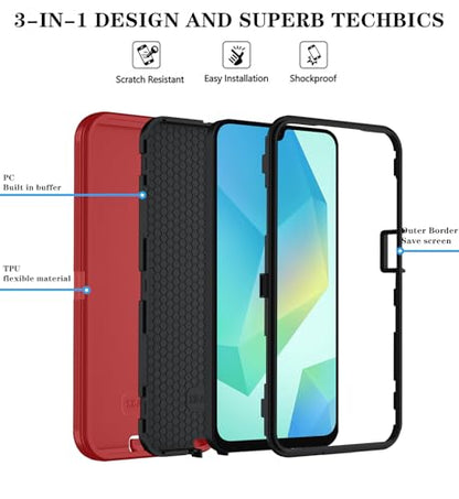 Qinmay Phone Case for Samsung Galaxy A17 5G Case, Galaxy A16 5G Case with HD Screen Protector, Heavy Duty Shockproof 3-Layer Cover Phone Case for Galaxy A17 / A16 ，RedBlack - color: RedBlack