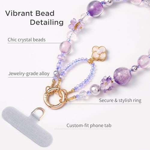 POSADINA Phone Charm for Women, Anti-Theft Beaded Wrist Strap & Lanyard, Hands-Free Chain with Tether Tab - color: Lilac Shimmer