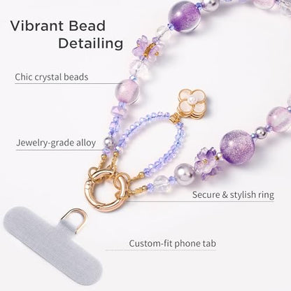 POSADINA Phone Charm for Women, Anti-Theft Beaded Wrist Strap & Lanyard, Hands-Free Chain with Tether Tab - color: Lilac Shimmer