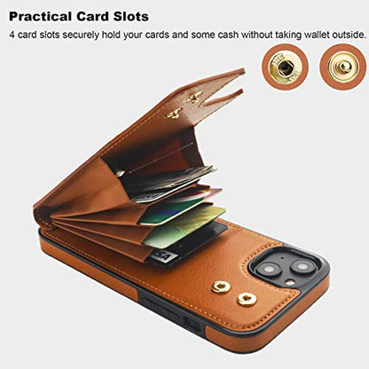 Folosu Compatible with iPhone 14 Plus Case Wallet with Card Holder, 360°Rotation Finger Ring Holder Kickstand, RFID Blocking Leather Protective Double Buttons Shockproof Cover 6.7 Inch Brown - color: Brown, size: iPhone 14 Plus
