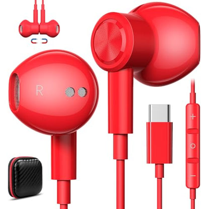 Jelanry Magnetic USB-C Wired Earbuds HiFi Stereo Headphones with Mic, Red - color: Red