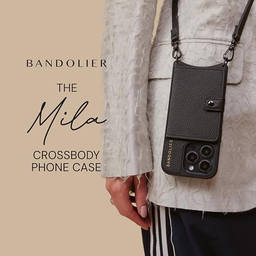 Bandolier Mila Leather Crossbody MagSafe Case iPhone 16 Pro Max - Black/P | Crossbody leather phone case. Built-in card-holder. Adjustable & removable strap. MagSafe Design. Phone drop protection. - color: Black/Pewter, size: iPhone 16 Pro Max