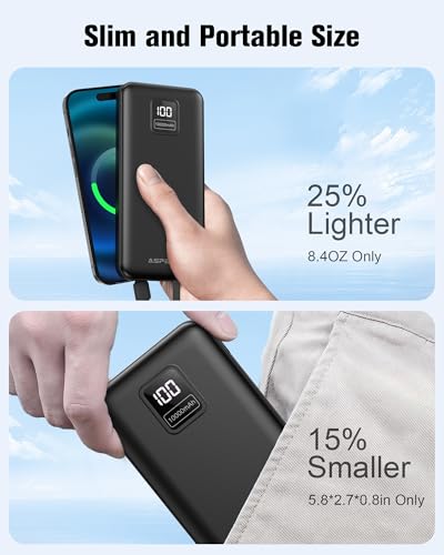 AsperX 2-Pack 10000mAh Portable Charger Built-in USB C Cables, LED Display - color: Black+Black